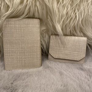 Nordstrom Cream Metallic Saffiano Leather Passport Cover and Coin Purse Set NWOT